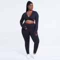 Mulheres plus size atlético desgaste cross top e leggings conjunto de fitness roupas de manga longa de ioga preta de manga longa